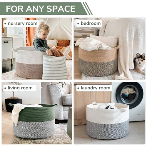 Image of INDRSSME Large Laundry Storage Basket, 21.7 x13. 8 - Decorative Rope Blanket Basket for Organizing Bedroom, Living Room, Nursery, Toy Storage for Colthes Towel, Empty Gift Baskets -Green