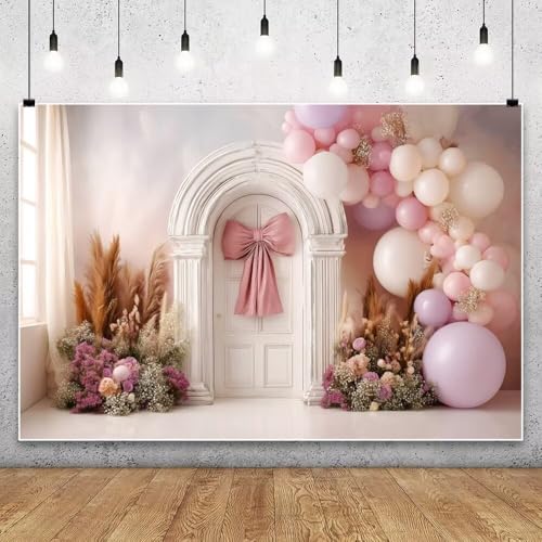 Boho Bows Backdrop 7x5ft Fabric Girls Pink Bows Birthday Backdrops Cake Smash Photography Baby Shower Party Background