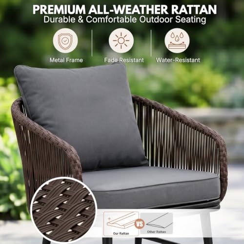 Image of DEVOKO Outdoor 3 Pieces Wicker Patio Garden Furniture Set with Weather Resistant Rattan & Rust Proof Metal Frame Water repllent Cushions(Dark Brown & Dark Grey)