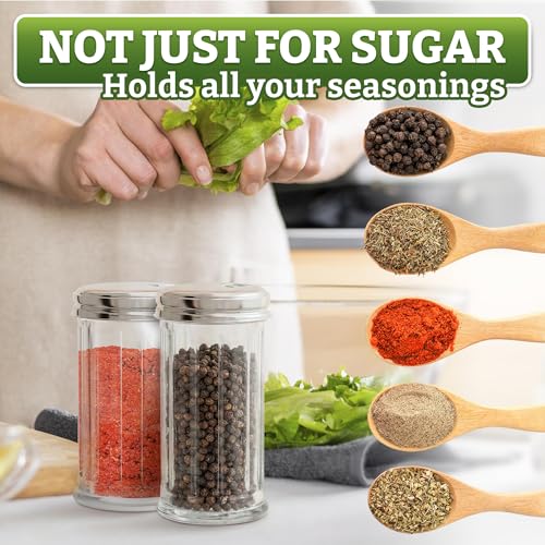 Image of 12 Oz Glass Sugar Container for Coffee Bar Set of 2 - Sugar Dispenser with Pour Spout - Stainless Steel Flip Lid, Smooth Pour Control for Coffee, Tea, Baking & Cooking | Countertop or Table Use
