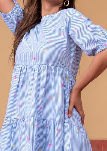 Image of Juniper Women's Sky Blue & White Striped Cotton Short Dress