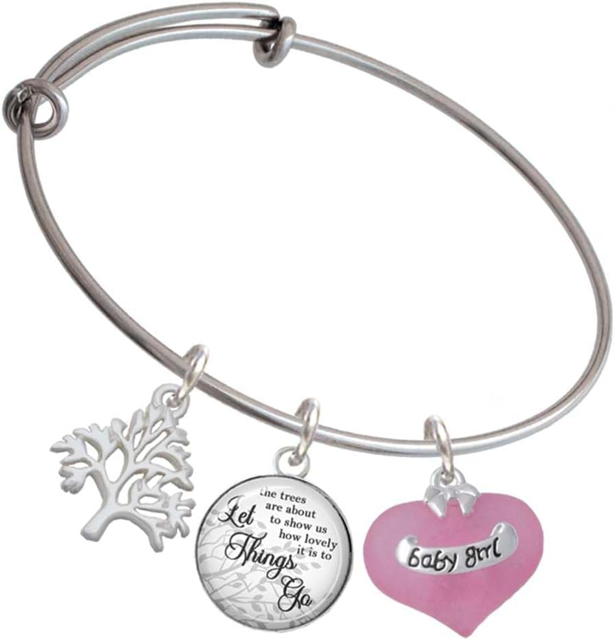 Delight Jewelry Heart with Baby Feet Silvertone Let Things Go Tree Charm Bangle Bracelet