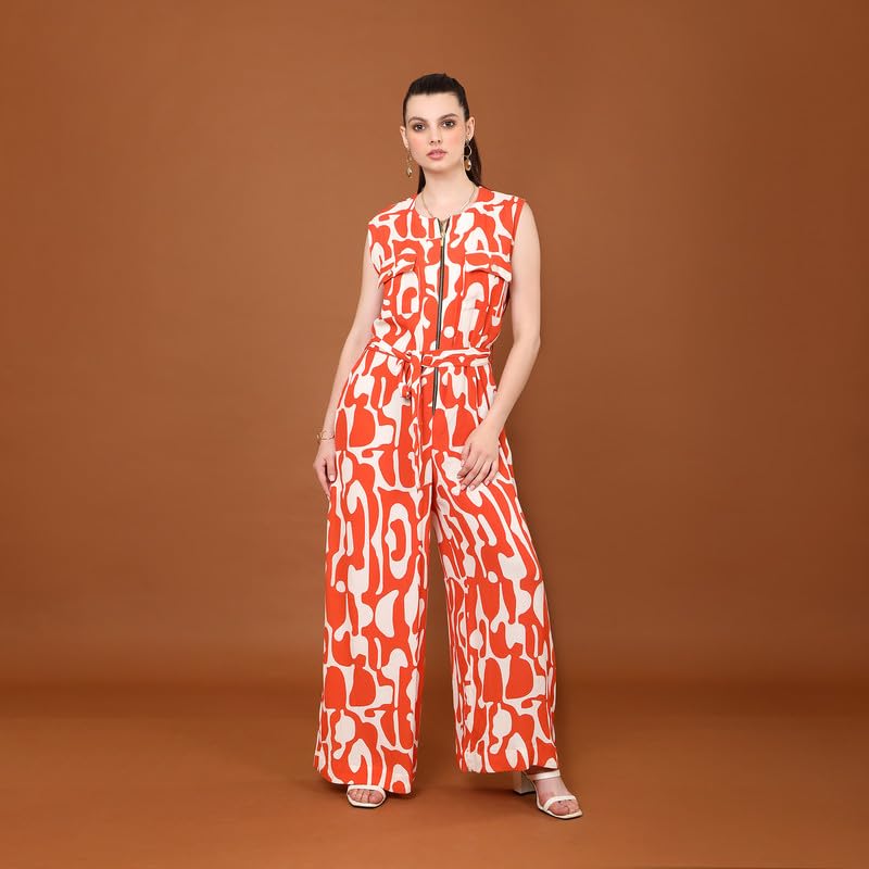 Image of TAMISKA BY NARENDRA KUMAR Jumpsuit for Women, Stylish Designer Jumpsuit for Ladies, Bold and Trendy Swirl Print,Edgy Zipper Detailing,Summery Sleevess Fit