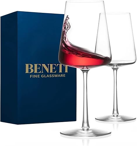 BENETI Juego de 2 copas de vino fabricadas en Alemania, 17 onzas, hechas a mano, copas de vino de tallo largo, color rojo y blanco, forma moderna