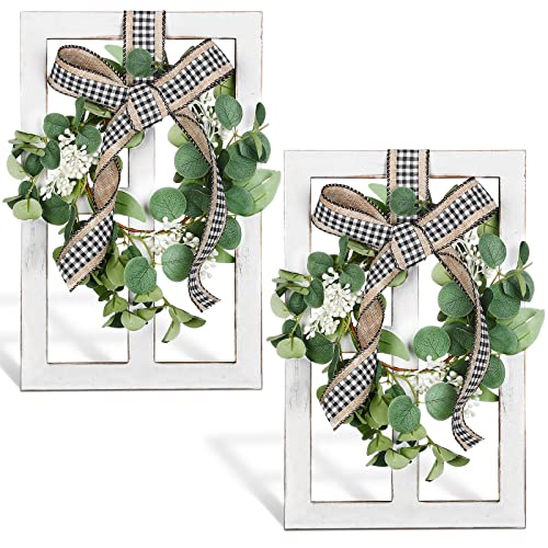 Namalu 2 Pieces Rustic Window Frame Wall Decor Farmhouse Decor Wood Frame with Eucalyptus Wreath...
