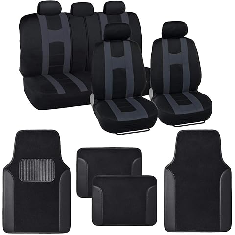 carXS Forza Series Charcoal Gray Seat Covers Full Set Combo with Car Floor Mats – Front and Rear Bench Cover & Floor Mat Protector Set, Interior Covers for Auto Truck Van SUV