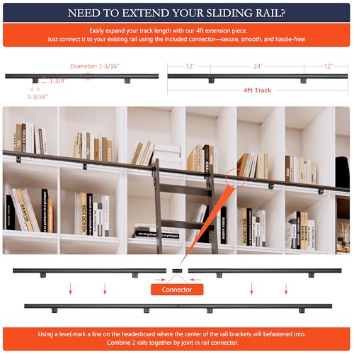 Image of 120 inch Black Sliding Library Ladder with 4FT Hook Track - Lightweight Aluminum Rolling Ladder with Braking Wheels, Space-Saving Rail Mounted Ladder System for Home Library, Closet & Storage