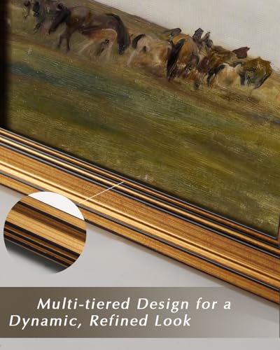 Image of HUARCEY Gold Framed Vintage Wall Art for Living Room, Animals Painting Prints Shelf Decor for Kitchen, Aesthetic Bedroom Wall Art, Best Gifts for Friends or Family - Horses in the Meadow 10L x 8W