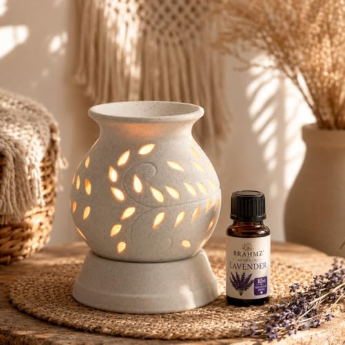 Image of BRAHMZ Ceramic Electric Aroma Oil Diffuser | Ancient Matki Design Oil Burner with Halogen Bulb & Lavender Aroma Oil (White, 10g)