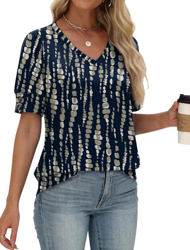 Image of OFEEFAN Womens Tops Short Sleeve Shirts Buttons V Neck Spring Fashion Summer Outfits Plus Size Blouses Dressy Casual