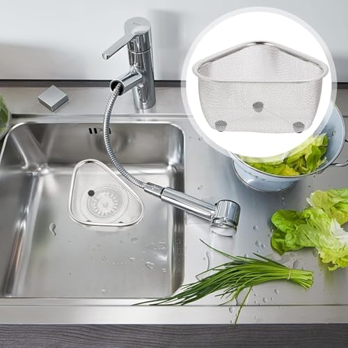 Image of Stainless Steel Dish Rack Drain Basket with Drip Tray & Spoon Holder Dish Drainer for Kitchen Drying Stand /Kuda /Plate Rack /Bartan Over Sink Counter Dish Rack Drain Basket Steel Tray Kitchen (Triangle)