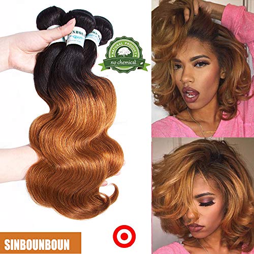 Mix Length Short Curly Bob Ombre Brazilian Body Wave 3 Bundles with Closure 1B Brown Virgin Hair Water Wave Weave（10" 12" 14" & Closure 10"）2 Tone Honey Blonde 100% Human Hair Extensions