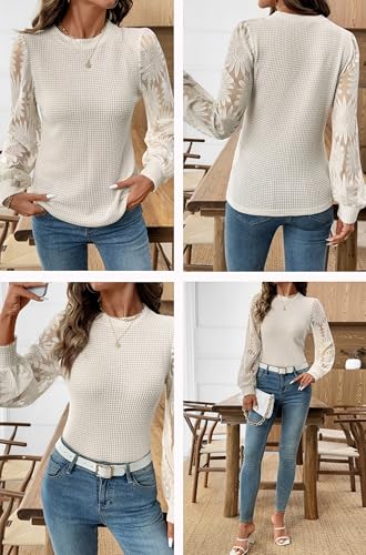 Image of BLENCOT Womens Casual Crochet Top Mesh Lace Long Sleeve Shirts Waffle Knit Blouse Crewneck Shirt Fall Womens Tops Pullover