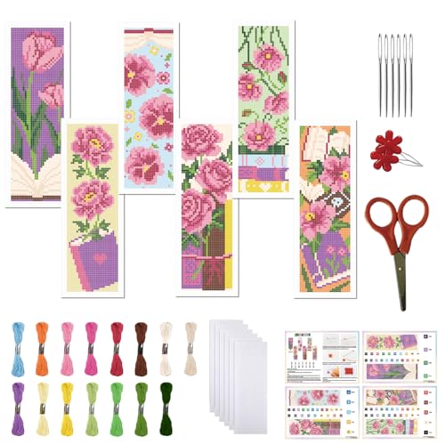 Image of FREEBLOSS 6 Set Cross Stitch Bookmark Kit 11 CT Complete Cross Stitch Kit DIY Embroidery Bookmark Kits for Adult Beginners with Instructions, Flowers and Books, 8 inch x 2.4 inch