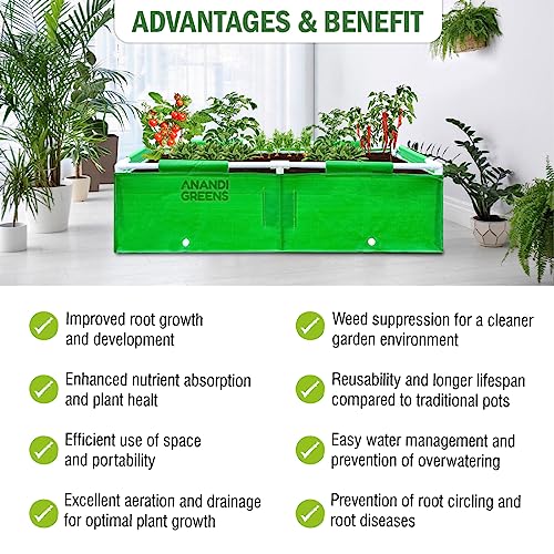 Image of Anandi Green's HDPE UV Protected 360 GSM Green Color Rectangular Plants Grow Bags Suitable for VegetableTerrace Gardening with PVC Pipe Support (4Lx1.5Wx1H Fit) Pack of 1