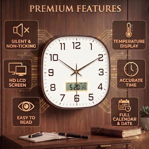 Image of STAR WORK 12 inch Inch Square Silent Non-Ticking Quartz Movement Wall Clock with Analog & Digital Display | Easy-to-Read Numbers | Modern Design for Living Room, Bedroom or Office (White - Brown Digital)