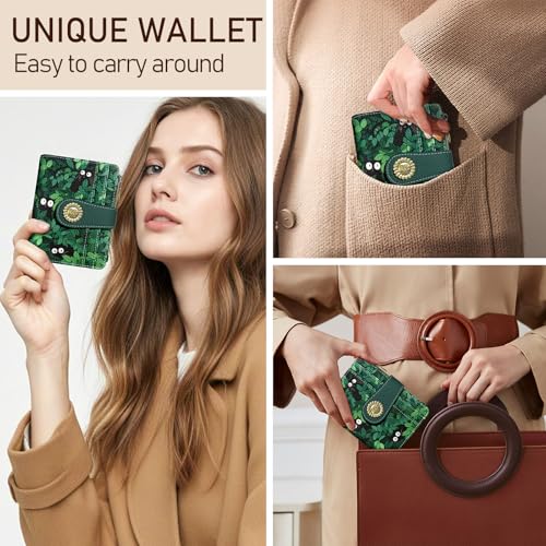 Image of Kelvoris Cute Green Black Cats Small Rfid Women Wallet Zipper Coin Pocket | Bifold PU Leather Compact Cash Credit Card Holder Travel Purse for Female Ladies Teen Girls 1 ID Window 10 Card Slots