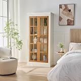 Polibi 71.2' Rustic Display Cabinet with Glass Doors - Curio China Cabinet for Collectibles, Books & Decor, Adjustable Shelves, Fits Living Room, Kitchen, Hallway or Office, White+Brown
