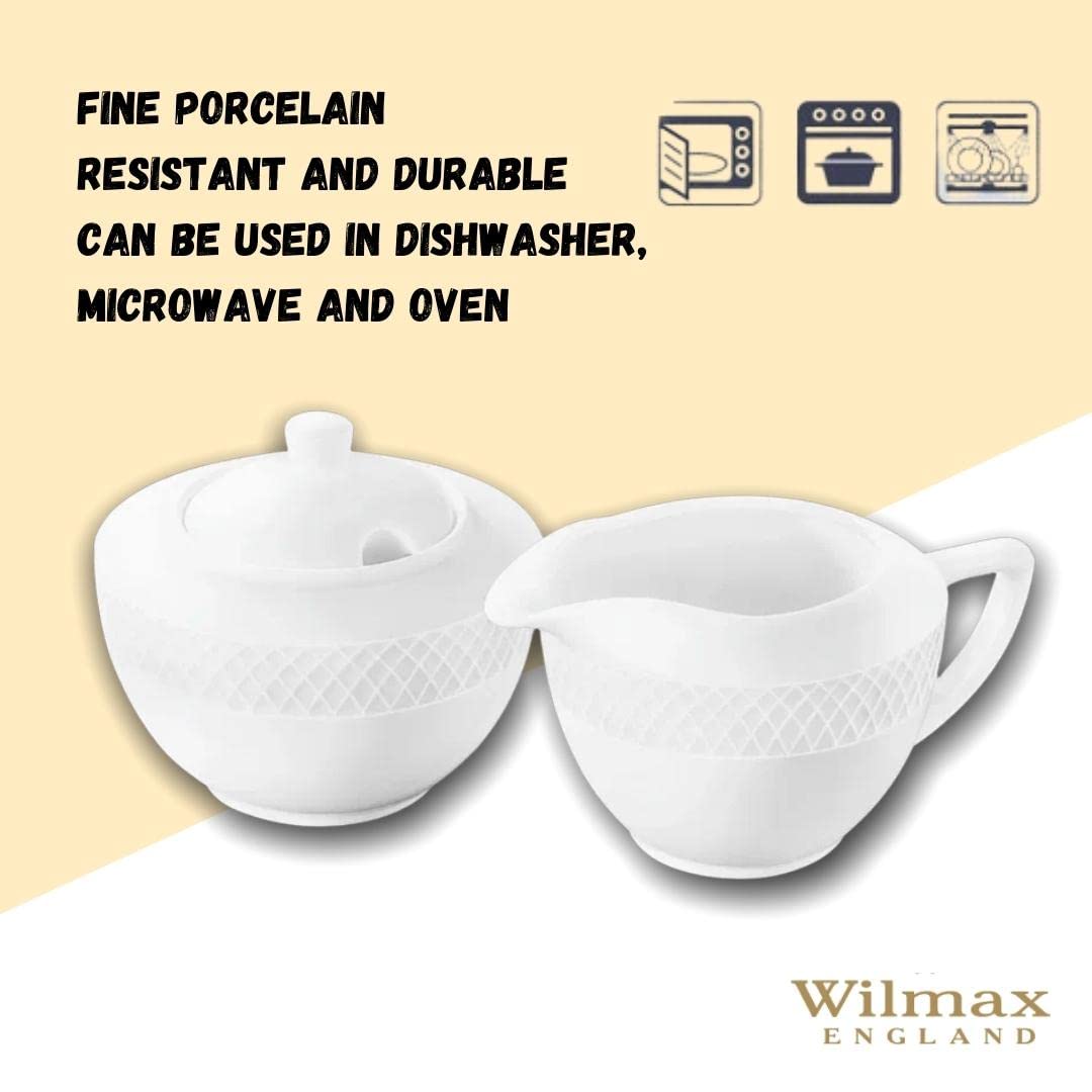Wilmax - Sucrier + ensemble pot à lait - 2 pièces - Récipient à lait et sucre en porcelaine - Blanc - Distributeur de sucre avec couvercle - Lavable au lave-vaisselle - pour café au lait, thé