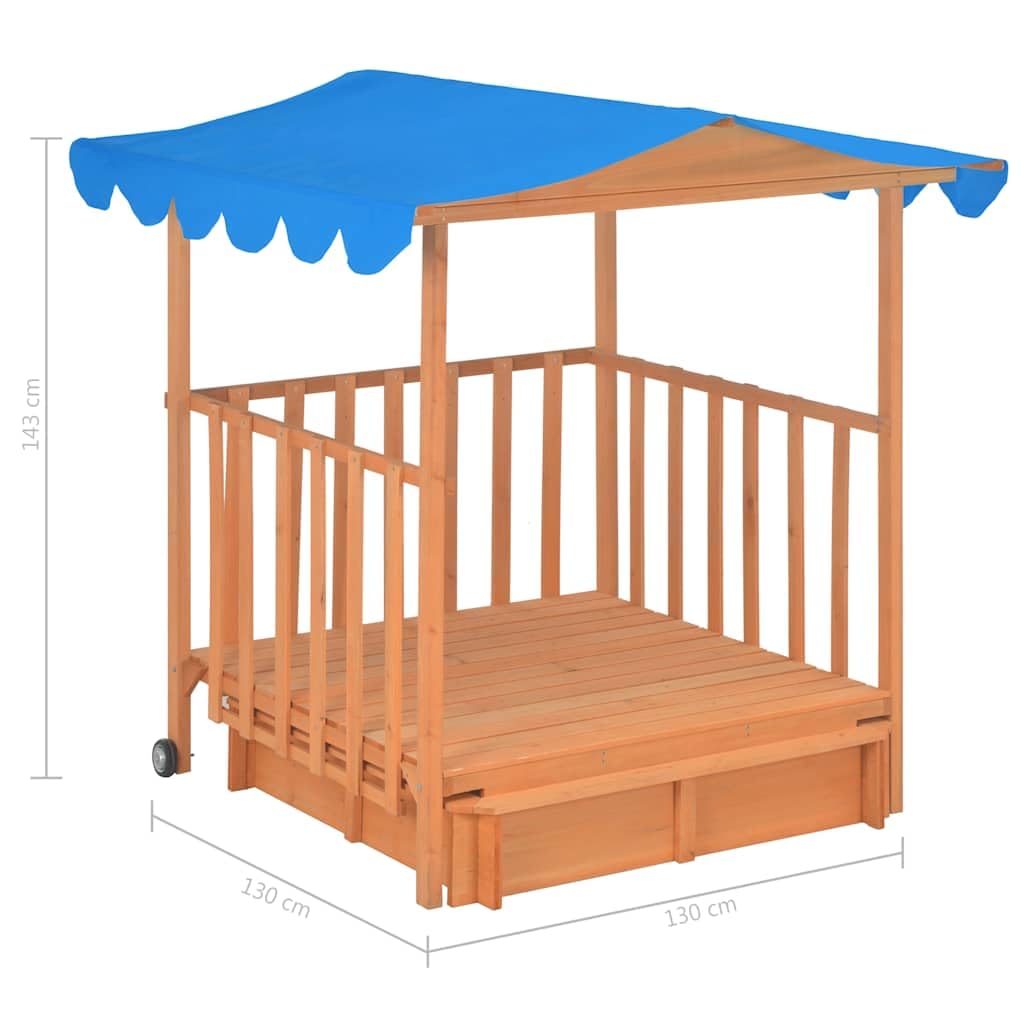 Kinderspielhaus mit Sandkasten aus Tannenholz Blau UV50-Schutzdach, 130x130x143 cm, mit Rollen, Montagematerial, Garten Outdoor Spielhaus für Kleinkinder zum Draußenspielen und Buddeln