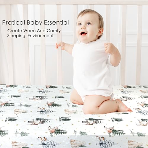 Image of AMROSE 2 Pack Flannel Fleece Crib Sheets, Winter Woodland