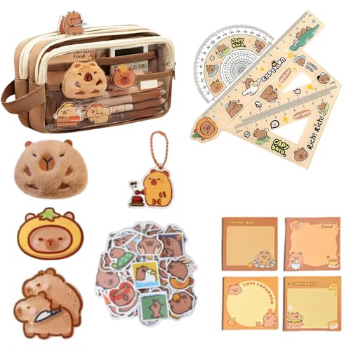 DXPETA Capybara Stationery Set Complete Pencil Case with Compartments Capybara Doll and Stickers Multifunctional Organisation for School and Office Supplies 30 Piece Capybara Themed Collection