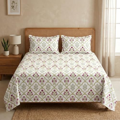 Image of HOMEMONDE King Size Bedsheet | Cotton Flat Sheet with Two Pillow Cover | 186 TC |Floral Design| All-Season Soft Bedsheet for King Bed (108 x 108 Inch /274 x 274 cm, Spring Buds Pink)