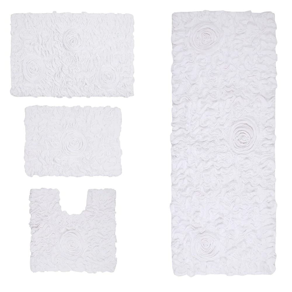 Functional Durable Bright White Cotton Bathroom Rugs Sets 4 Piece with Pretty Floral Tufted Pattern On Solid Background