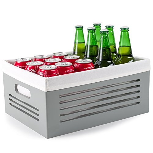 Large Wooden Crate for Storage - Decorative Wood Storage Boxes for Home Books Clothes Toys, This wood crate box / Basket/ Bin Organizer is Lined with Machine Washable Soft Linen Fabric - Grey, Large