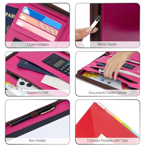 Image of Ospelelf Zipper Clipboard with Storage, Leather Padfolio Portfolio Folder, 3 Ring Binder Dividers with Tabs, 12.1 inch Tablet Sleeve, Refillable Notepad, Card Slot (Rose Red)