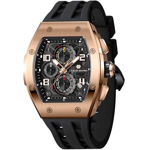 Image of TSAR BOMBA Mens Luxury Watch Watches for Men 50M Waterproof Japanese Quartz Movement Tonneau Stainless Steel Case Sapphire Glass with Chronograph Date Function Cool Unique Fashion Gift