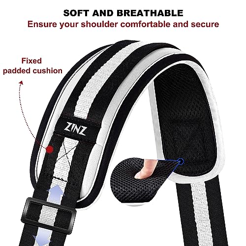 Image of ZINZ 74 inch Shoulder Strap with Fixed Pad and Dual Balanced Buckles,Black-White-Black Stripe