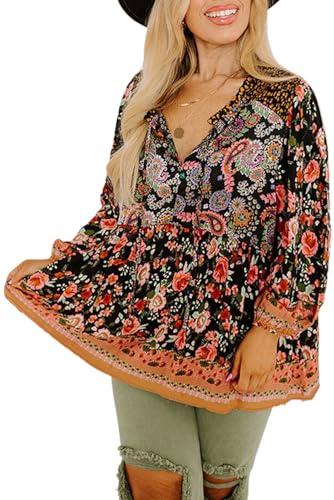 Black Plus Size Paisley Floral Print V Neck Bubble Sleeve Blouse for Women
