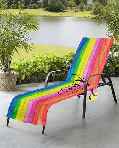 Love Rainbow Beach Chair Towel Covers for Chaise Lounge with Side Pocket, Soft Plush Pool Towels Cover for Patio Sunbathing Outdoor 29''x85'' Colorful Watercolor Wood Grain