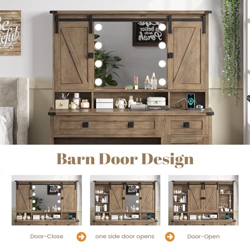 Image of AOGLLATI Makeup Vanity with Lights & Barn Doors, Vanity Desk with Mirror and Lights & Charging Station, Farmhouse Brown Vanity Table with Jewelry Hooks and Open Storage Shelves