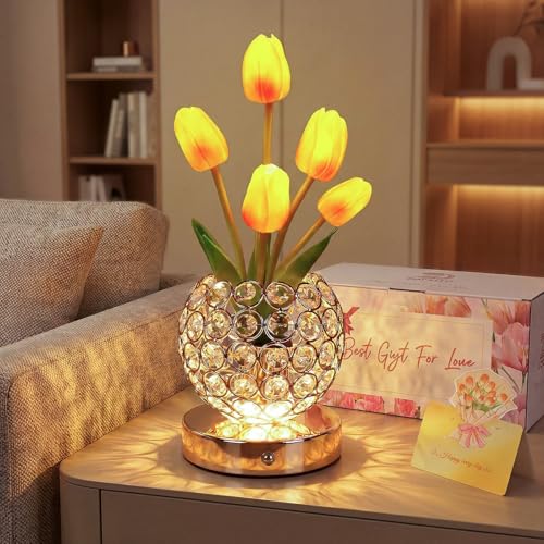 Birthday Gifts for Women Mothers Day Gifts For Mom Table Lamp, 3 Color Crystal Flower Bedside Lamps Infinitely Dimming with USB Charge Small Night Light,Nightstand Touch Lamp for Bedroom (gold-tulip) by ZQPBLED - Used condition - US$27.91