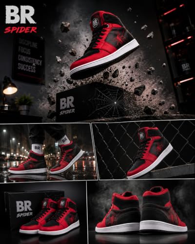 BROOMI High-Top Sneakers with Spider Web Print, Lace-Up RED_BLACK - Image 4
