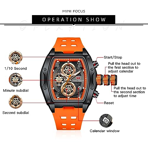 Image of MINI FOCUS Men's Chronograph Watch With Silicone Strap & Skeleton Dial & Rose Gold Accents | Quartz Movement, (Chronograph /Waterproof /Luminous /Calendar) Square Case Wrist Watch For Sports & Outdoor Styling (MF0473G)