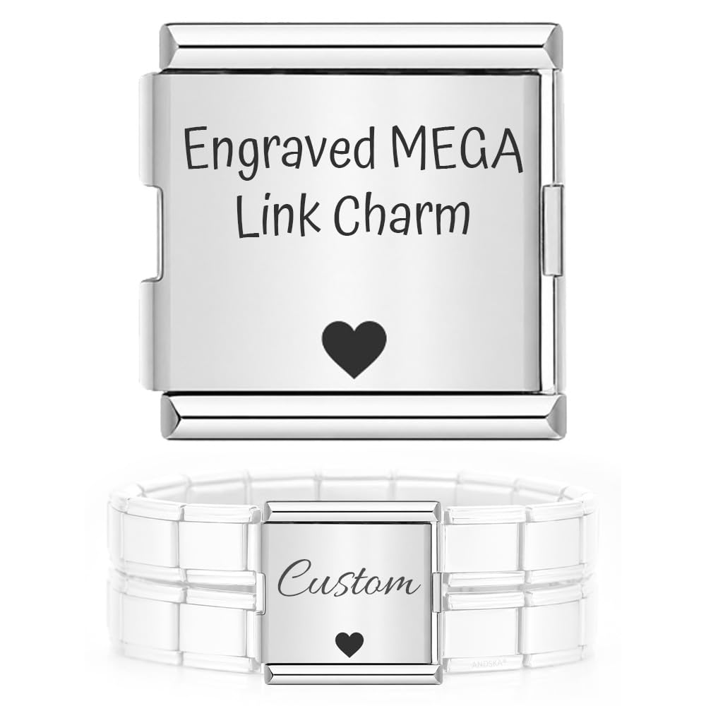 Andska Personalised MEGA Link 18mm XL Charm for 9mm Italian Modular Stretch Bracelet, Custom Engraved Name Date Pet Paw Heart Charm, Silver Steel (Text + heart)