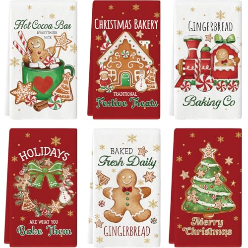maiiooliwe 6 Pcs Christmas Kitchen Towels Holiday Gingerbread and Hot Cocoa Design Funny Hot Cocoa Cookie Bake Theme Absorbent Hand Towels (Gingerbread Man)