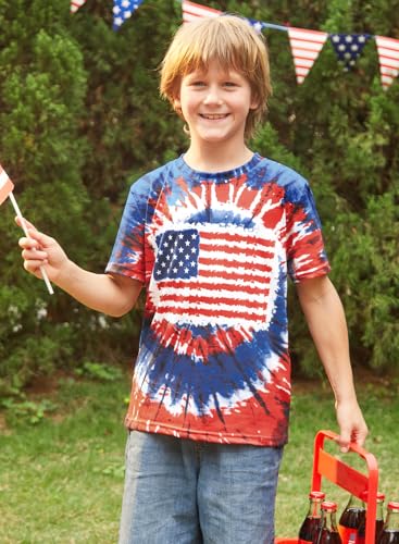 Image of BesserBay Unisex Kids 4th of July American Flag Tee Tie Dye Patriotic Short Sleeve Shirt 6-14 Years
