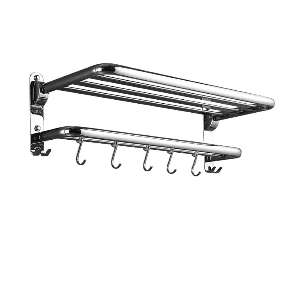 LMYSXAOZ Towel Rack,Kitchen Shelves,Fold Bathroom Shelves,304 Stainless Steel Rack,Wall-Mounted Holder with Hooks,Bathroom Rail -Punchfree-60CM (Punch50cm)