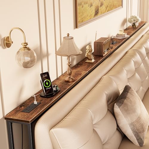 Image of Huuger 133.9 Inch Sofa Table with Power Outlets, Skinny Behind Couch Table | 5.9 Inch Narrow Entryway Table, Extra-Long Console Table, Behind the Couch Table with Outlet for Living Room, Rustic Brown