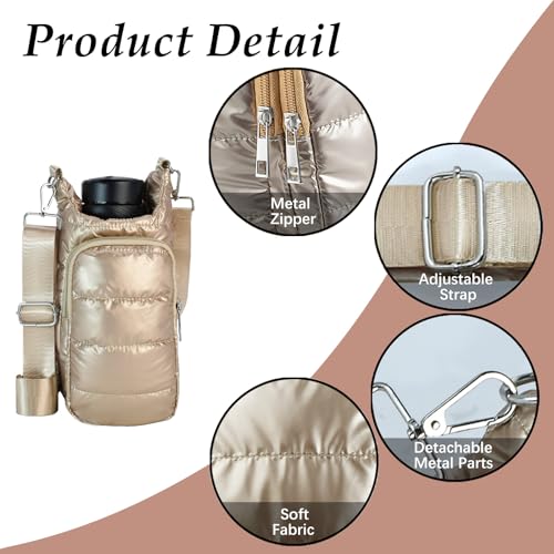 Image of KAMEILONG Puffer Water Bottle Holder Quilted Sports Pouch Bag with Adjustable Shoulder Strap Flask Sling Bag