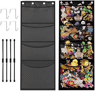 Over Door Hanging Storage, Over Door Storage Organiser with 4 Large Mesh Pockets, Foldable Door Hanging Storage for Stuffed Animal, Plush Toys, Black (4 Over Door Hooks Included)