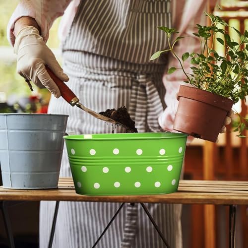 Image of 12 INCH Anti Rust Railing Oval Planter for Balcony & Garden with Detachable Handle | Hanging Flowerpot Holder | Metal Wall Planter for Indoor and Outdoor Decor (Multicolour Polka Dot, 4)