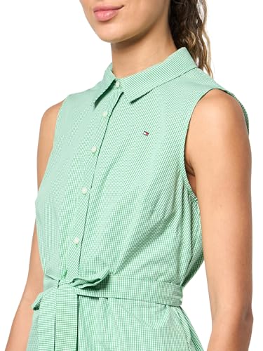 Image of Tommy Hilfiger Women's Sleeveless Collared Button Front Tie Waist Mini Shirt Dress