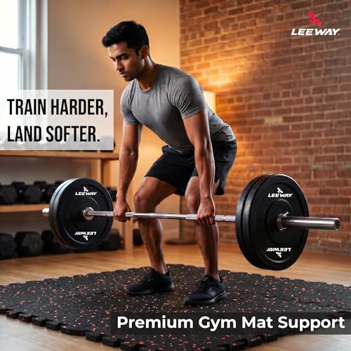 Image of Leeway Interlocking Gym Mats for Floor | EPDM (Set of 2, 10mm, 20 inchx20 inch) Black with Red Flecks | Gym Floor Mat Rubber for Workout | Equipment Matt for Home | Rubber Tiles, Kids Rooms Puzzle Mate