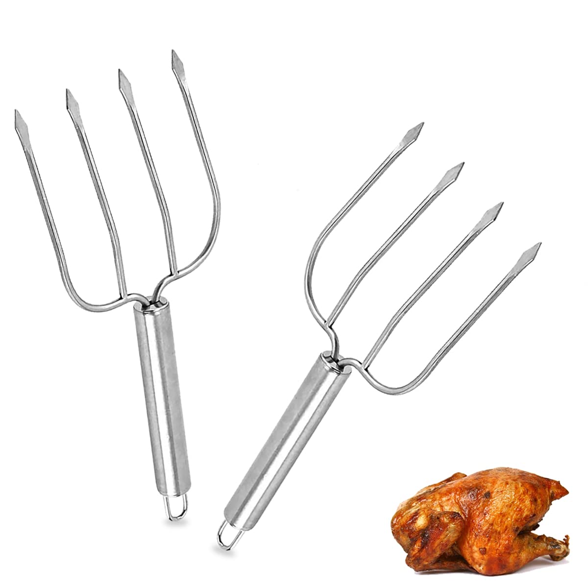 FIBOUND Stainless Steel Meat Forks (Set of 2), Silver, 25.5 x 9.5cm