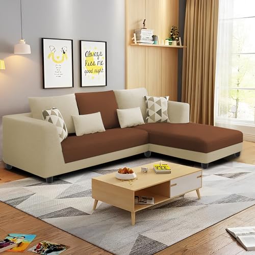 Image of Galib RHS 4 Seater L Shape Sofa Set for Living Room (Cream Brown Fabric) Premium Fabric Sofa